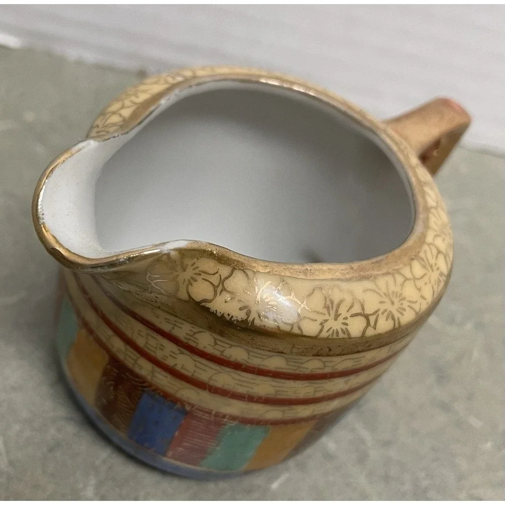 Vtg Chikaramachi Japanese Thousand Faces Gold Trim Hand Painted‎ Creamer 2 1/4